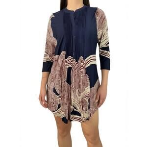 Ice‎ Silk Pintuck Tunic Top Navy Multi Mandarin Collar Bohemian Womens 1XL